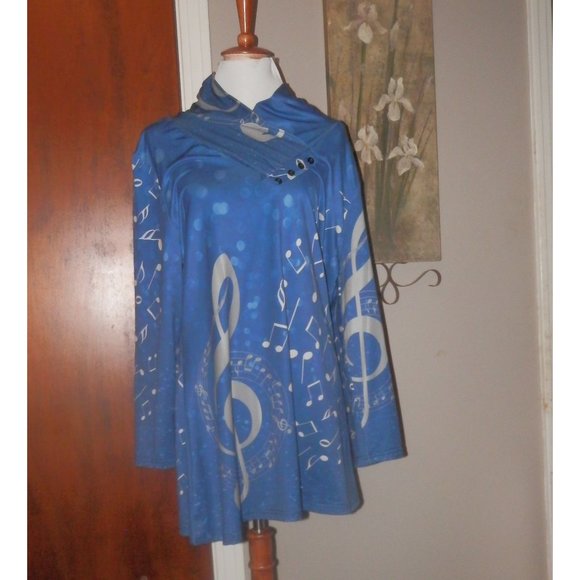 Lily Blouse Top Knit Plus 1X Blue Pleats Music Musical Notes Tunic